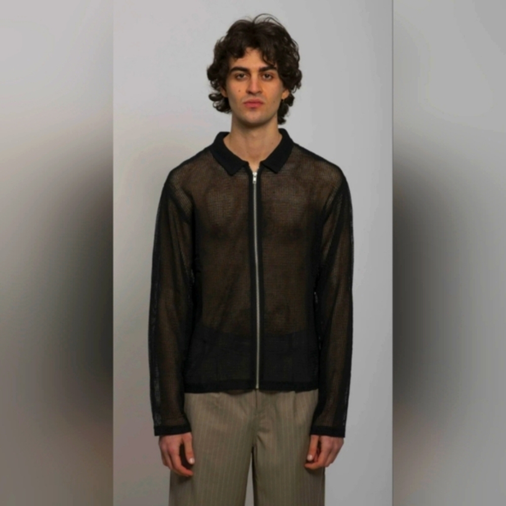 Stussy Cotton Mesh Sheer Knit Full Zip Black Shirt Long-Sleeve Unisex Medium